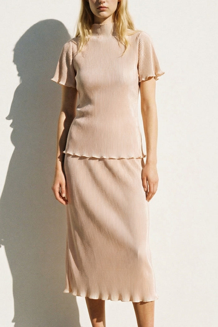 Pleated Satin Two Piece Skirt Set