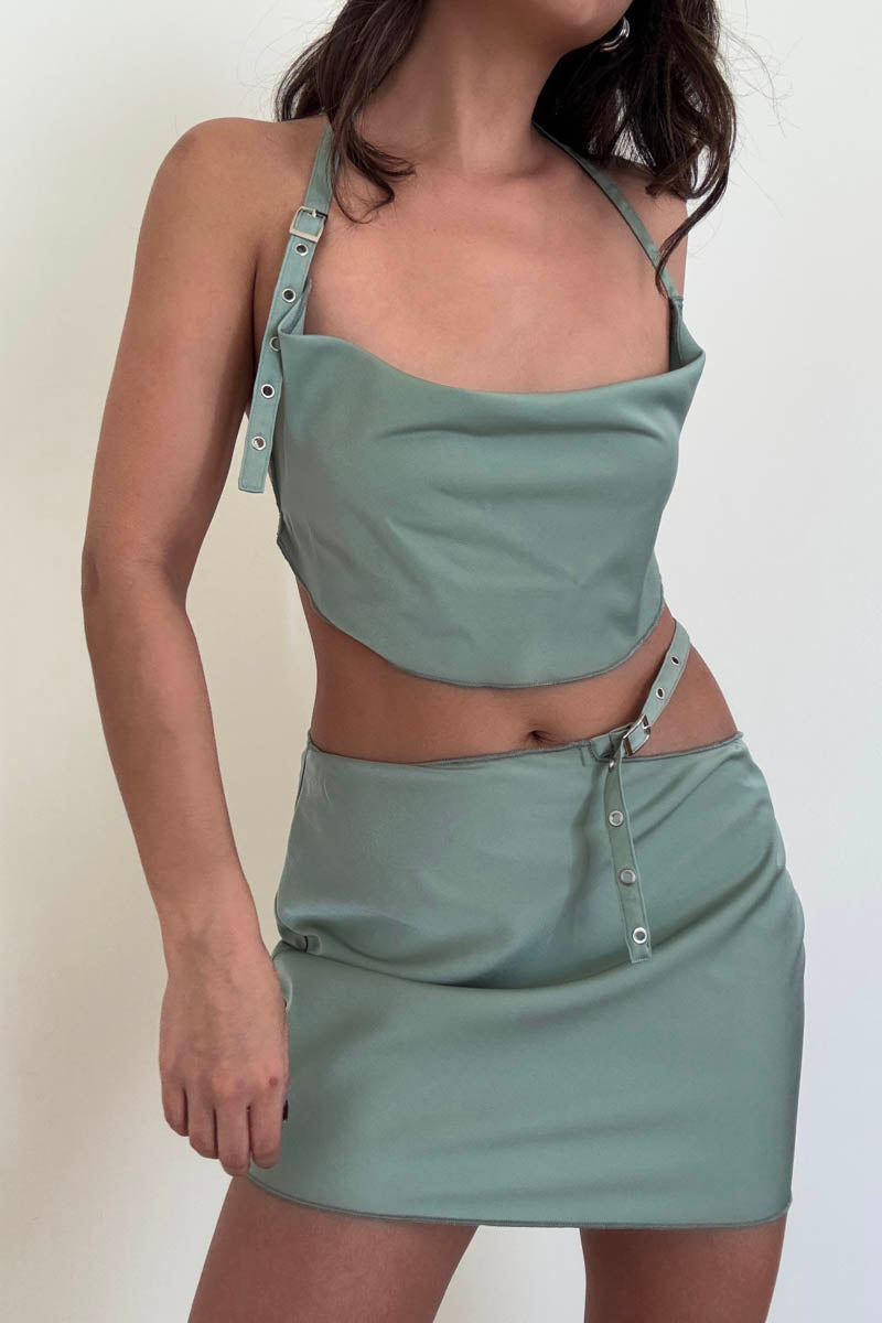 Satin Side Cut Out Skirt Halter Set