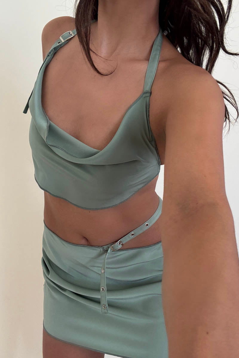 Satin Side Cut Out Skirt Halter Set