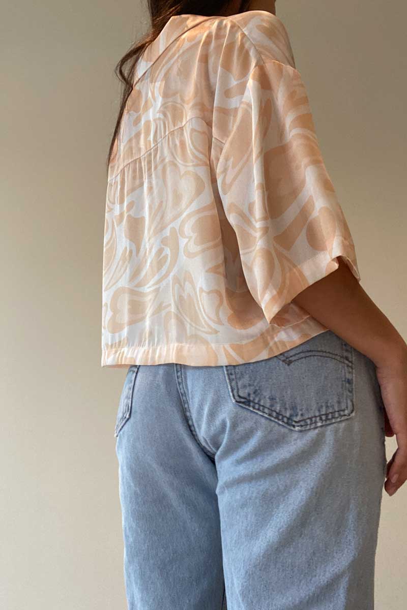 Cropped Button Down Satin Swirl Print Top