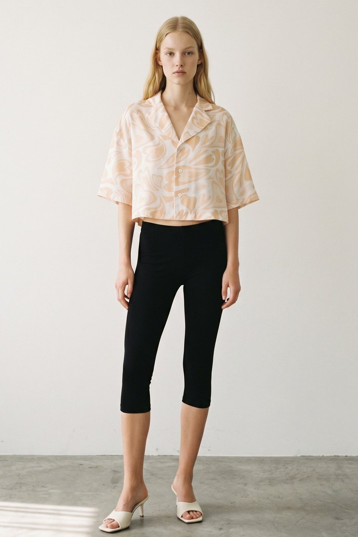 Cropped Satin Swirl Print Button Down Top