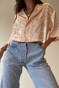 Cropped Button Down Satin Swirl Print Top