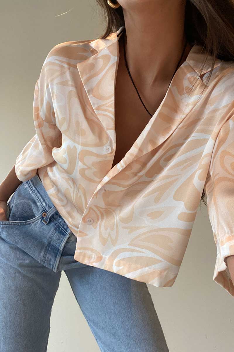 Cropped Button Down Satin Swirl Print Top