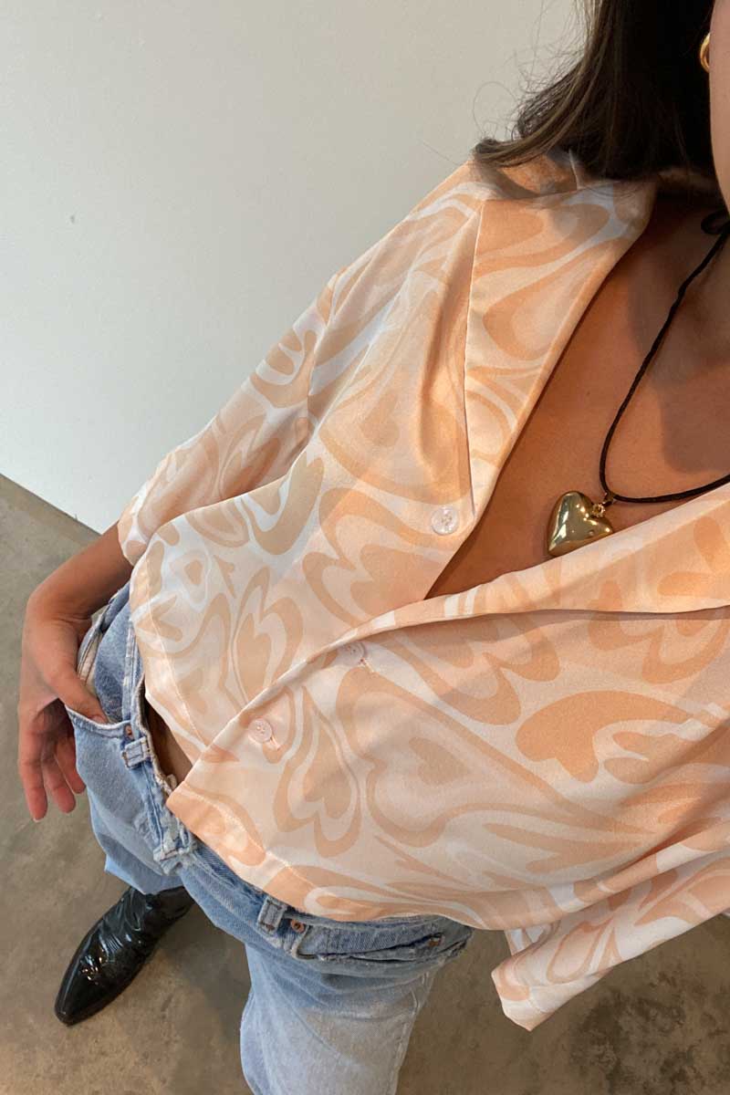 Cropped Button Down Satin Swirl Print Top