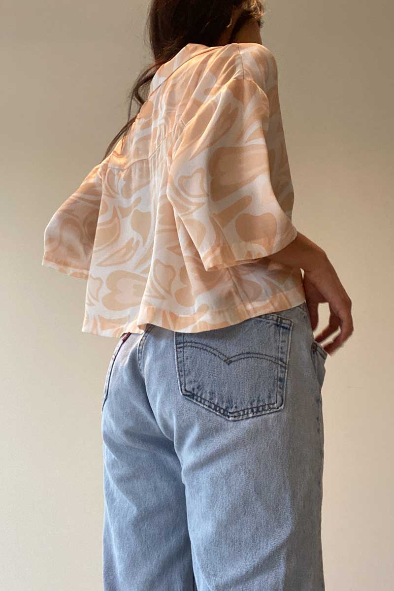 Cropped Button Down Satin Swirl Print Top