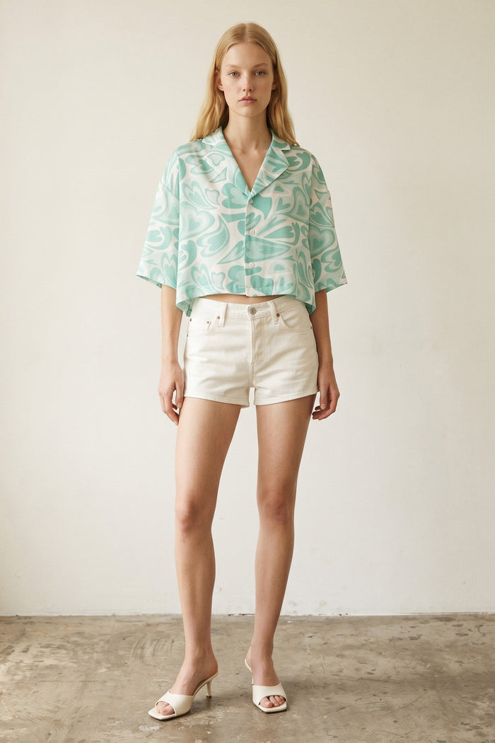 Cropped Satin Swirl Print Button Down Top