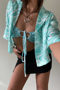 Cropped Button Down Satin Swirl Print Top