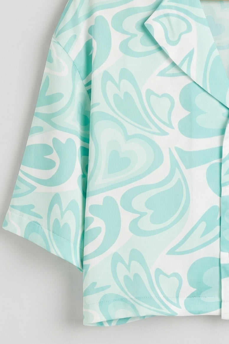 Cropped Satin Swirl Print Button Down Top