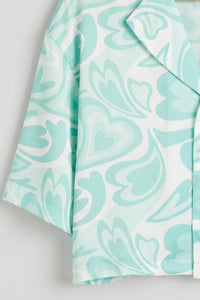 Cropped Satin Swirl Print Button Down Top