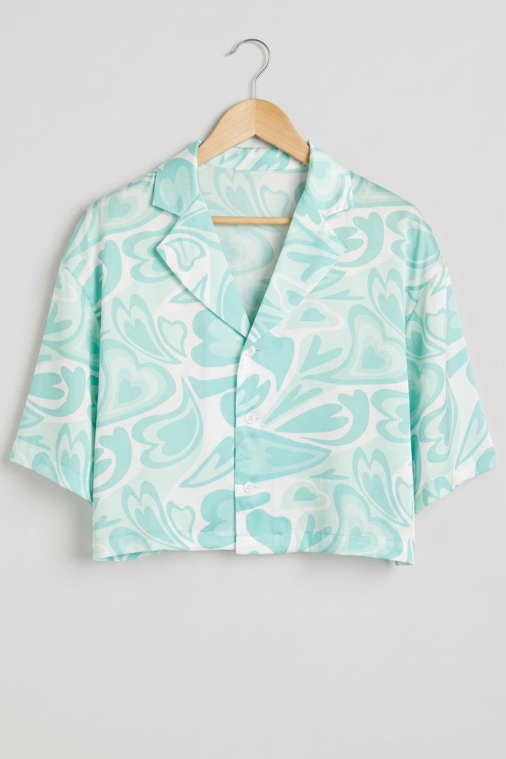 Cropped Satin Swirl Print Button Down Top