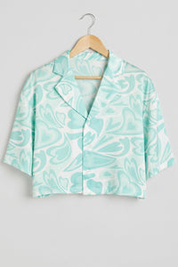 Cropped Satin Swirl Print Button Down Top