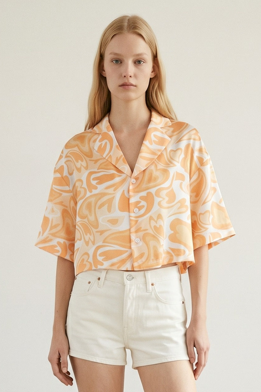 Cropped Satin Swirl Print Button Down Top