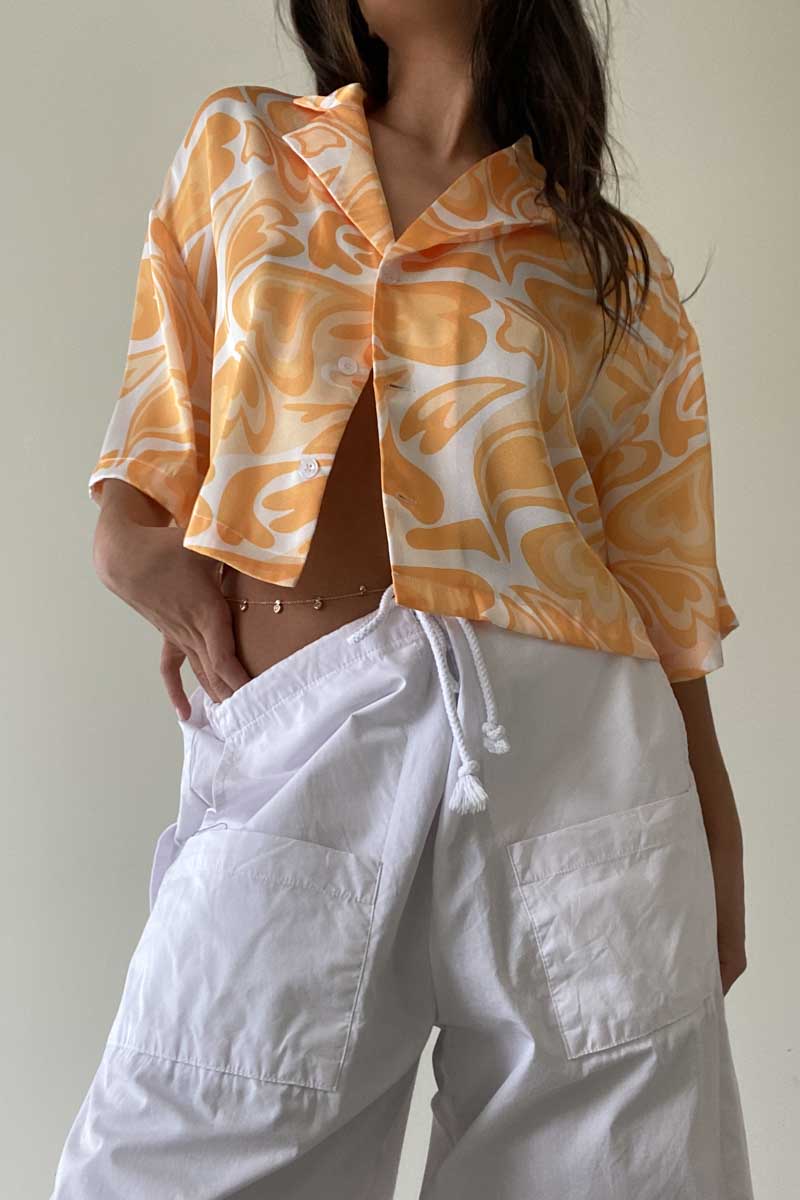 Cropped Button Down Satin Swirl Print Top