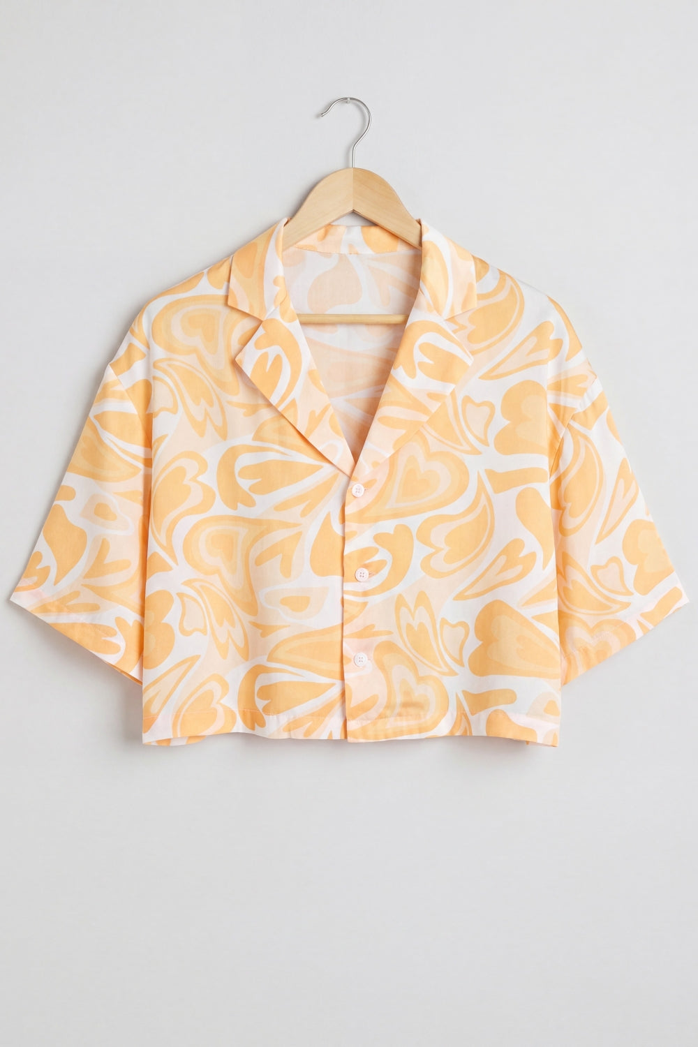 Cropped Satin Swirl Print Button Down Top