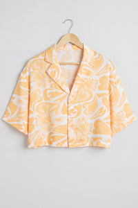 Cropped Satin Swirl Print Button Down Top