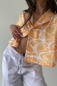 Cropped Button Down Satin Swirl Print Top