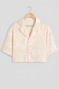Cropped Satin Swirl Print Button Down Top