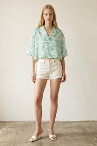 Cropped Satin Swirl Print Button Down Top