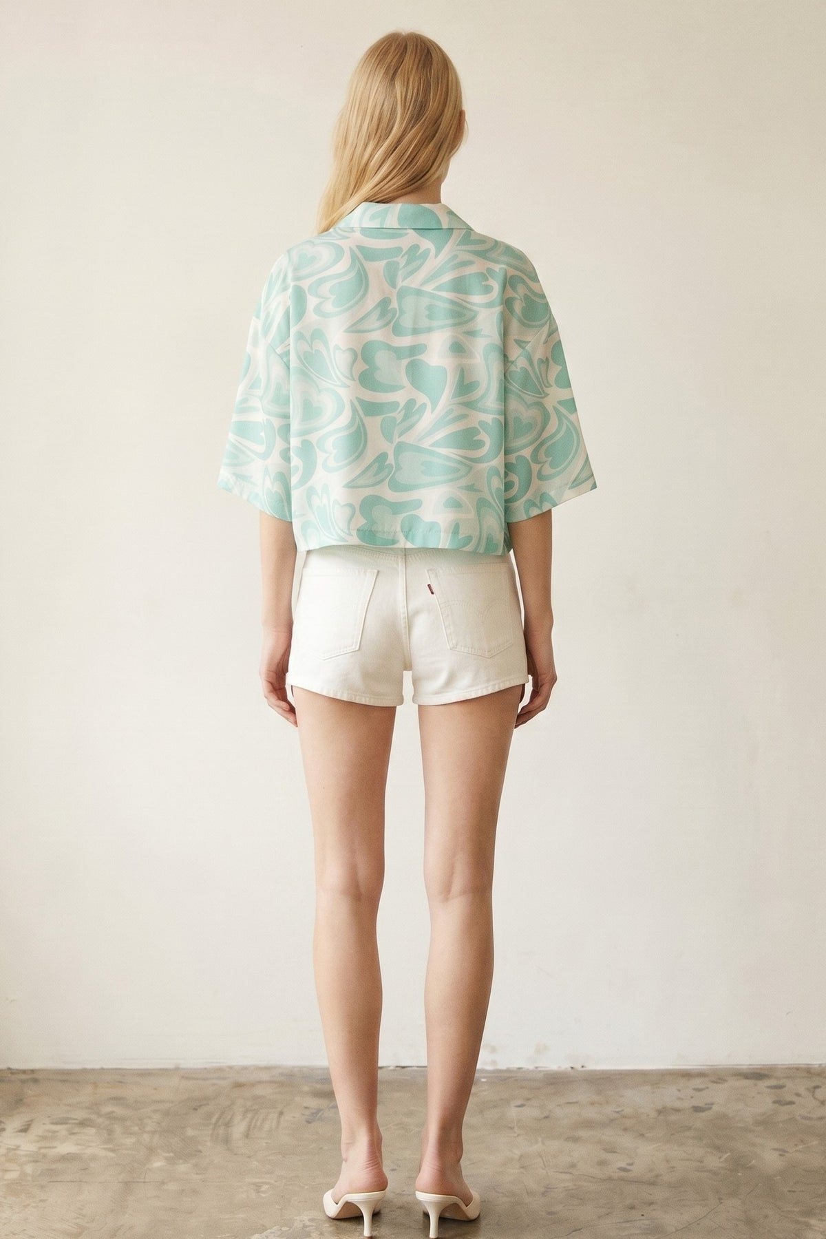 Cropped Satin Swirl Print Button Down Top