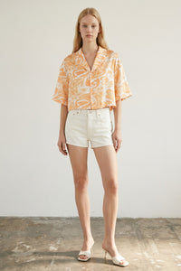 Cropped Satin Swirl Print Button Down Top
