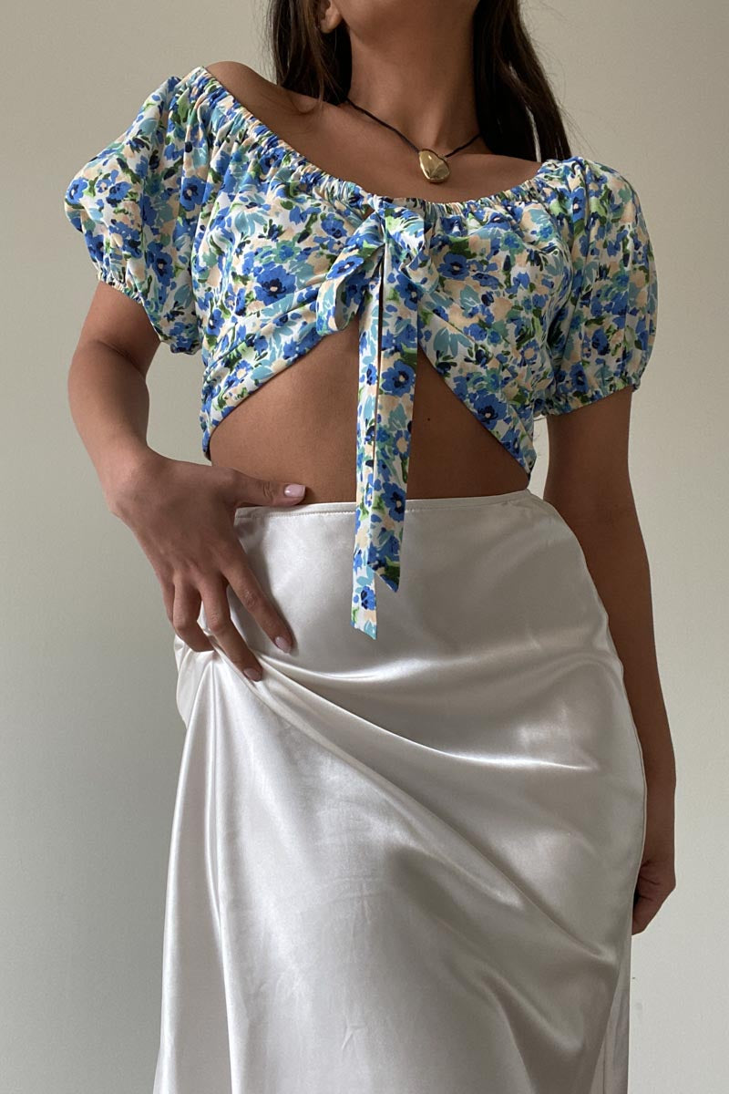Off The Shoulder Front Tie Satin Top