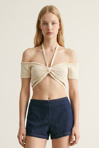 Off Shoulder Halter Neck Knit Top