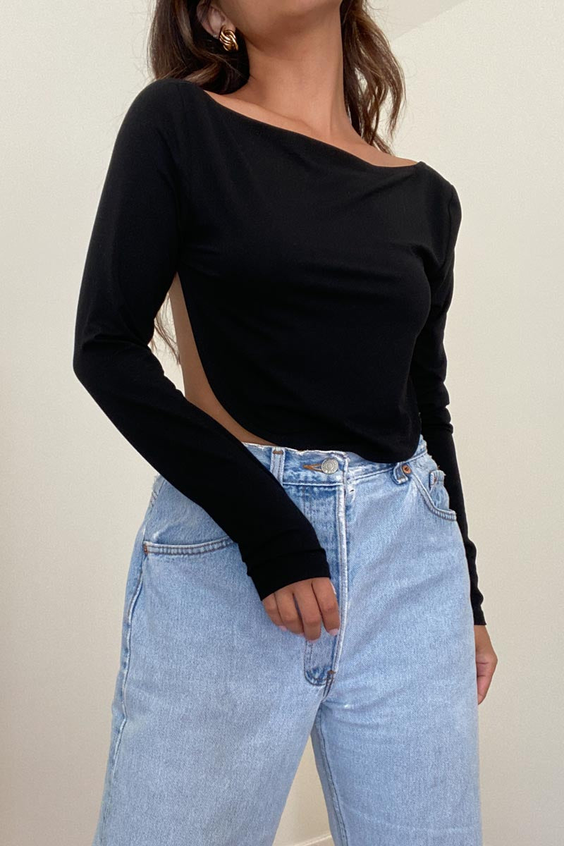 Tie Back Backless Long Sleeve Crop Top