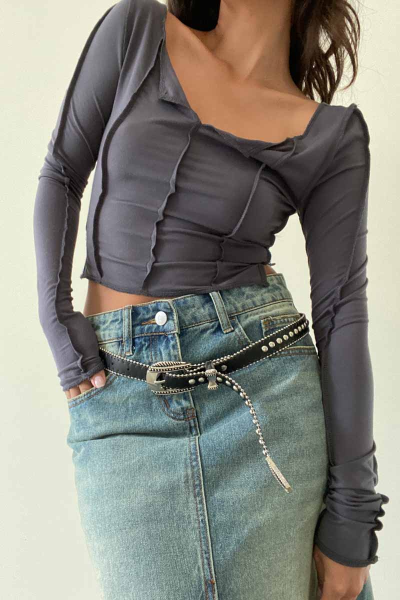 Exposed Seam Off Shoulder Long Sleeve Top