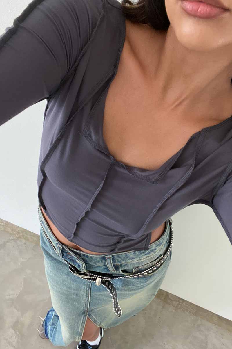 Exposed Seam Off Shoulder Long Sleeve Top