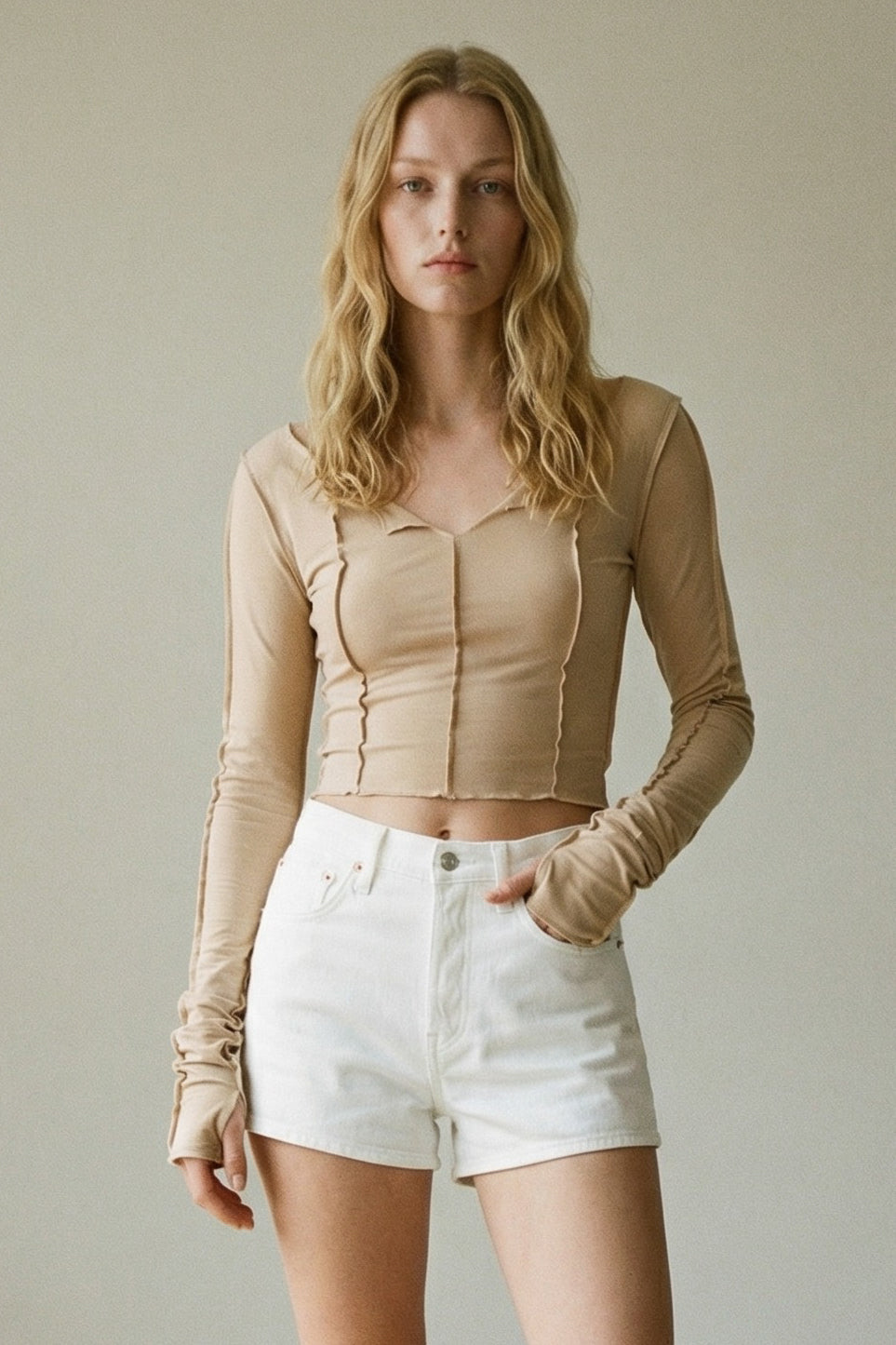 Exposed Seam Off Shoulder Long Sleeve Top