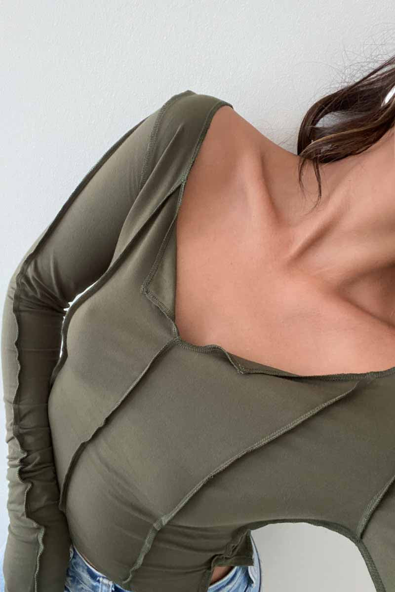 Exposed Seam Off Shoulder Long Sleeve Top