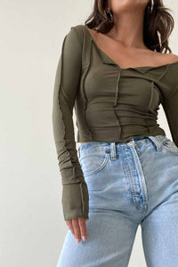 Exposed Seam Off Shoulder Long Sleeve Top