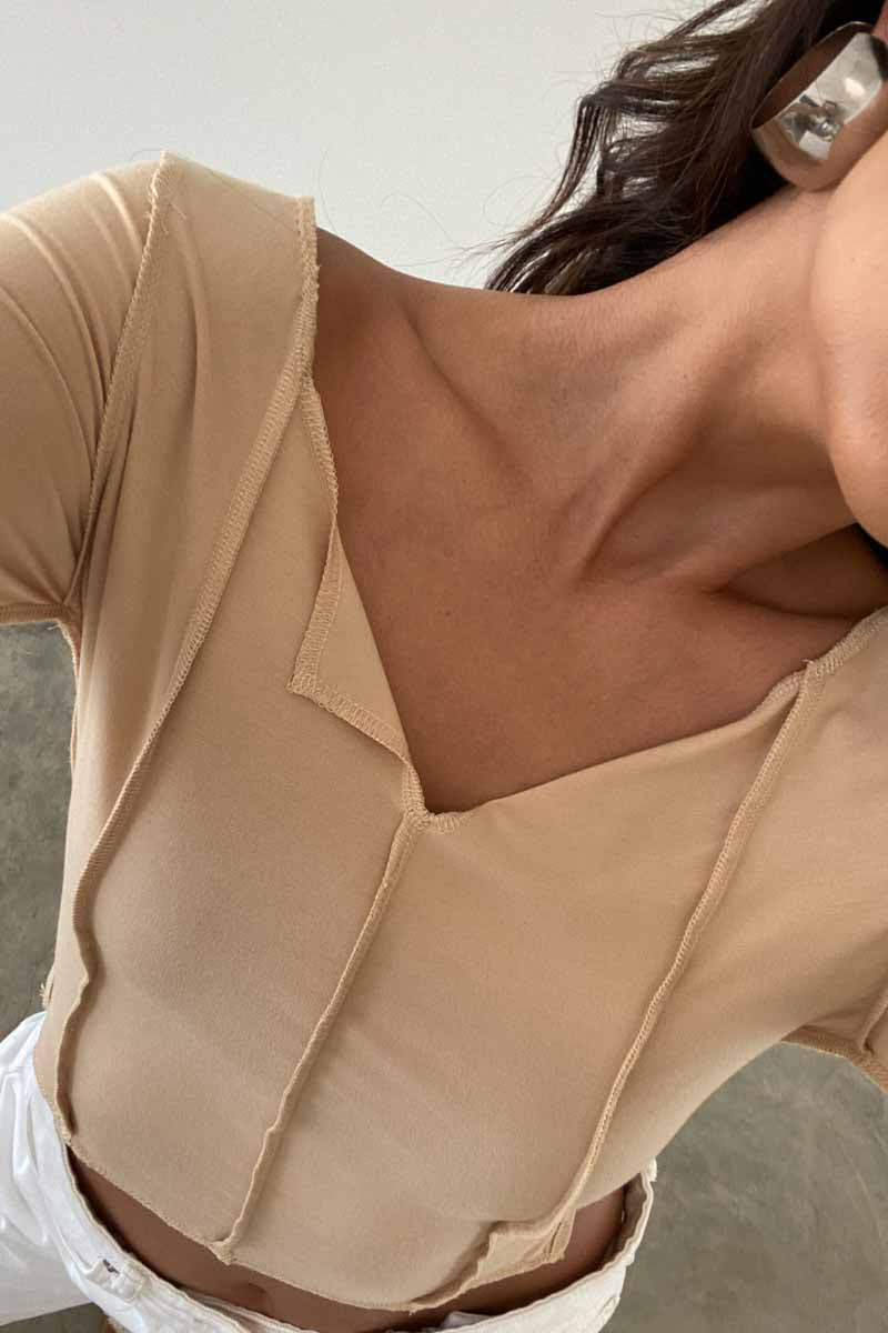 Exposed Seam Off Shoulder Long Sleeve Top