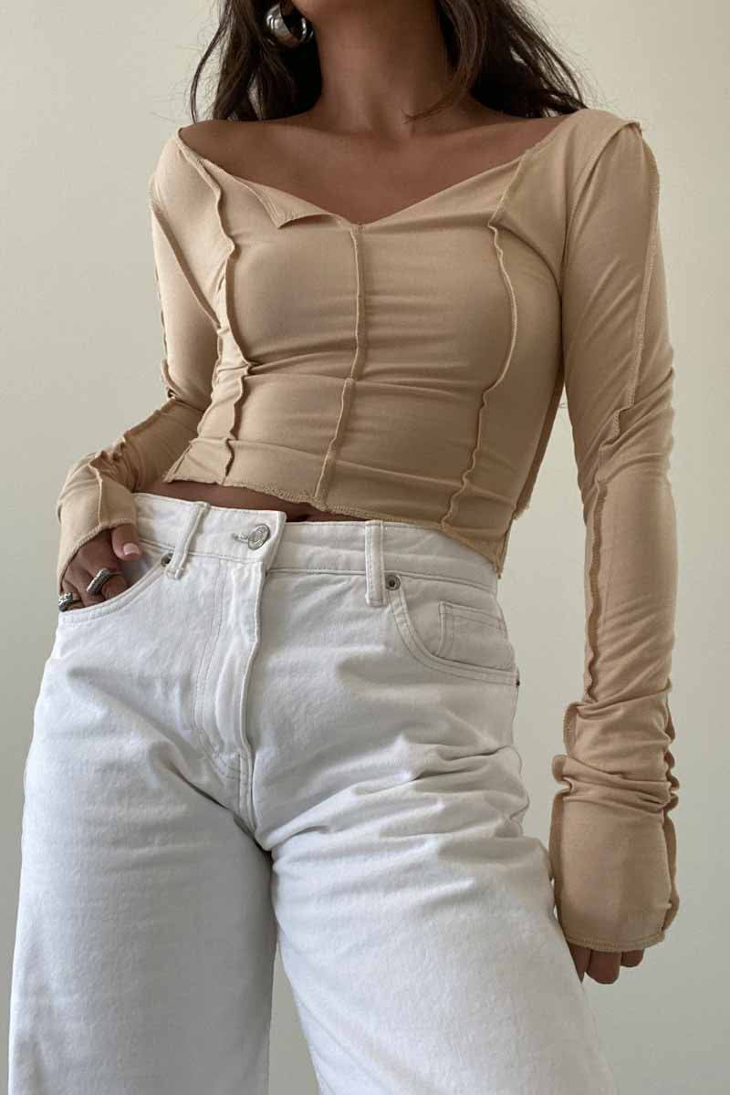 Exposed Seam Off Shoulder Long Sleeve Top