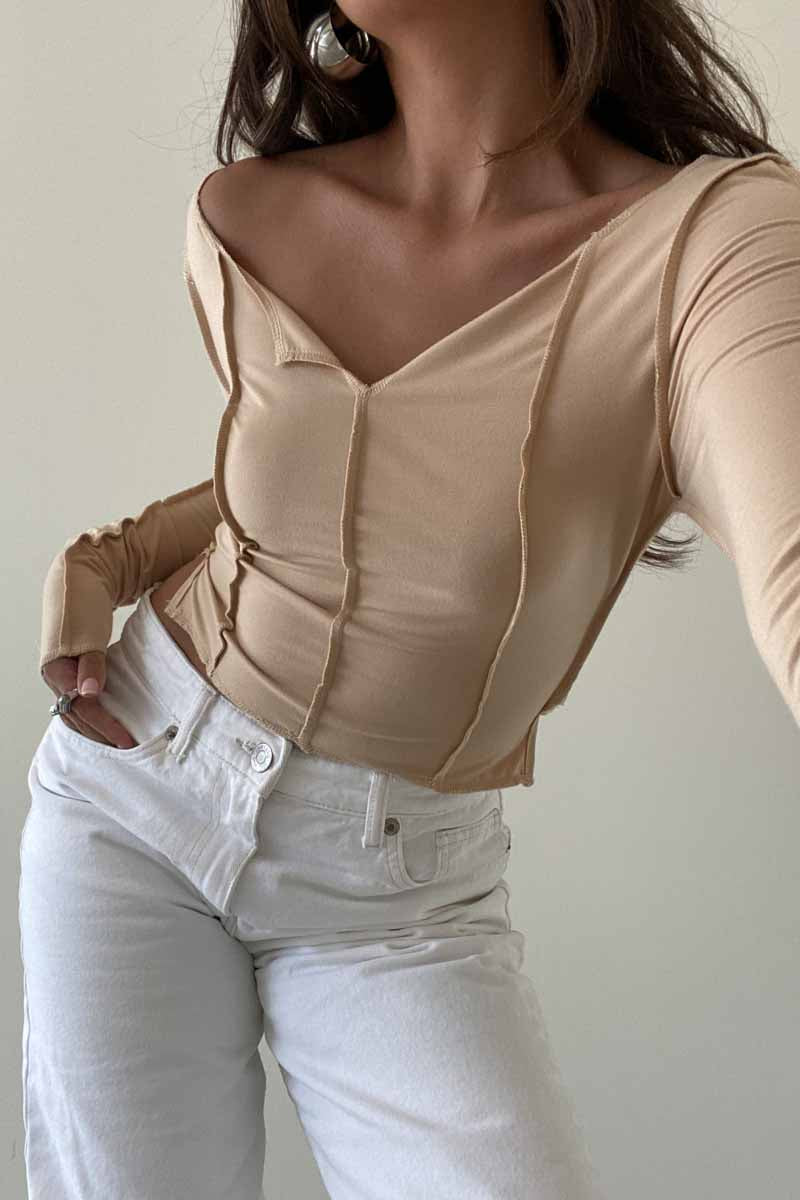 Exposed Seam Off Shoulder Long Sleeve Top