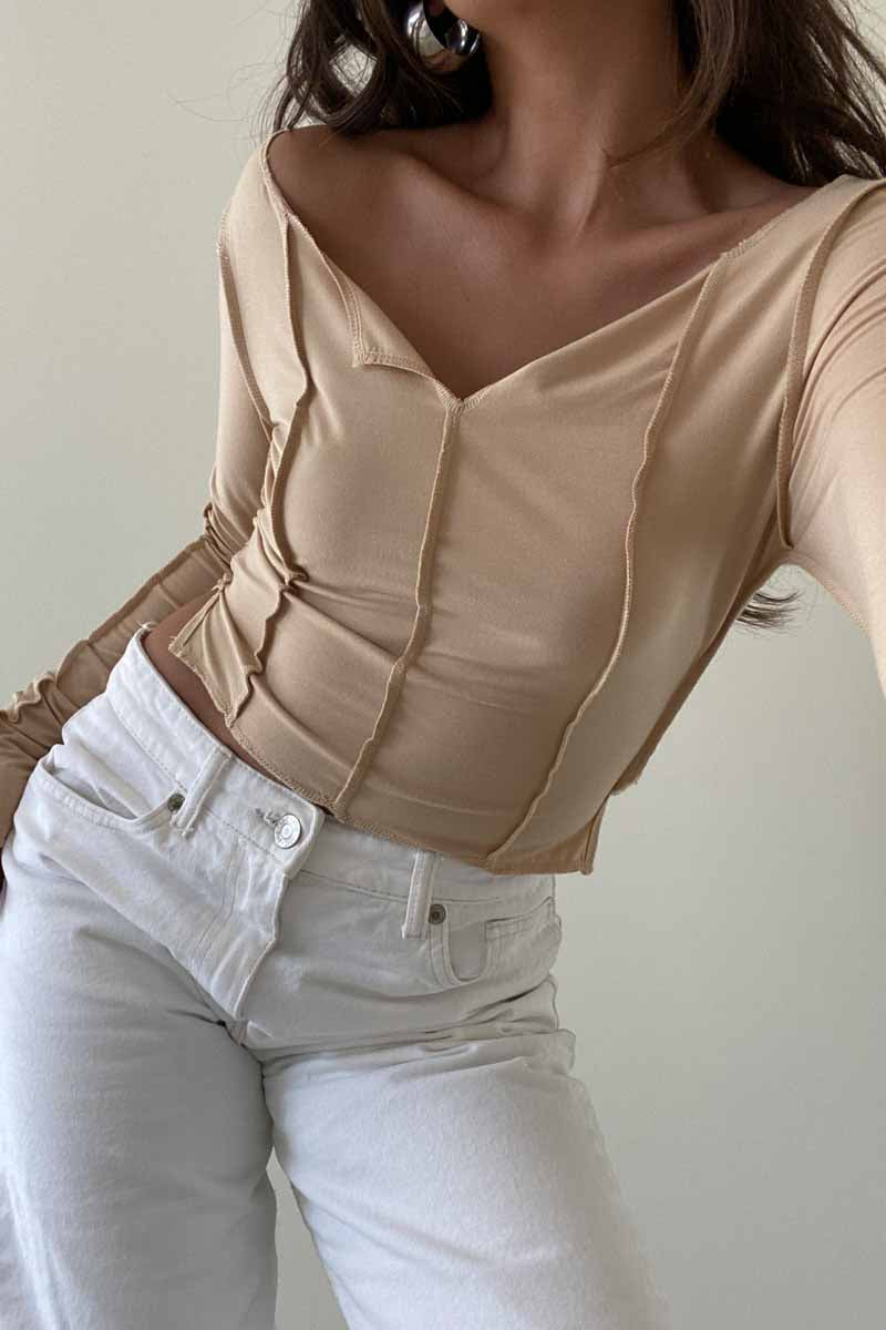 Exposed Seam Off Shoulder Long Sleeve Top