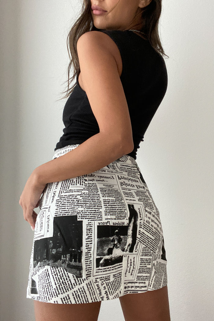 Newspaper Denim Side Slit Mini Skirt with Invisible Zipper