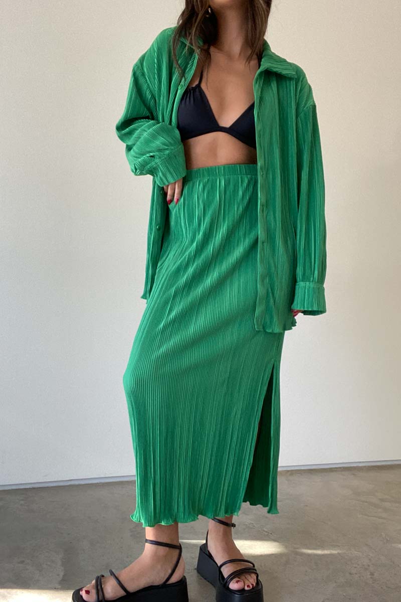 Pleated Long Sleeve Shirt And Midi Skirt Set