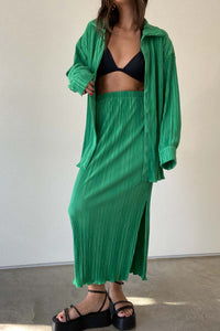 Pleated Long Sleeve Shirt And Midi Skirt Set