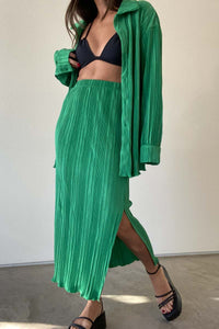 Pleated Long Sleeve Shirt And Midi Skirt Set