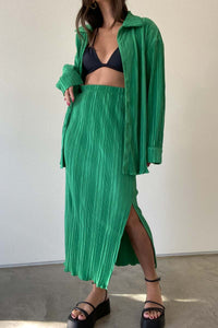 Pleated Long Sleeve Shirt And Midi Skirt Set