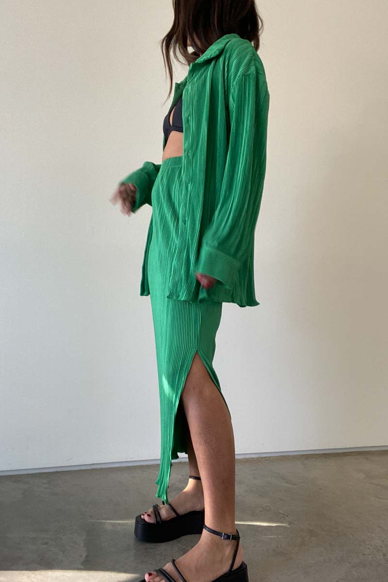 Pleated Long Sleeve Shirt And Midi Skirt Set