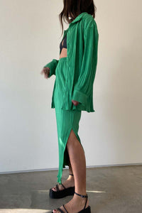 Pleated Long Sleeve Shirt And Midi Skirt Set