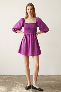 Puff Sleeve Smocked Linen Mini Dress