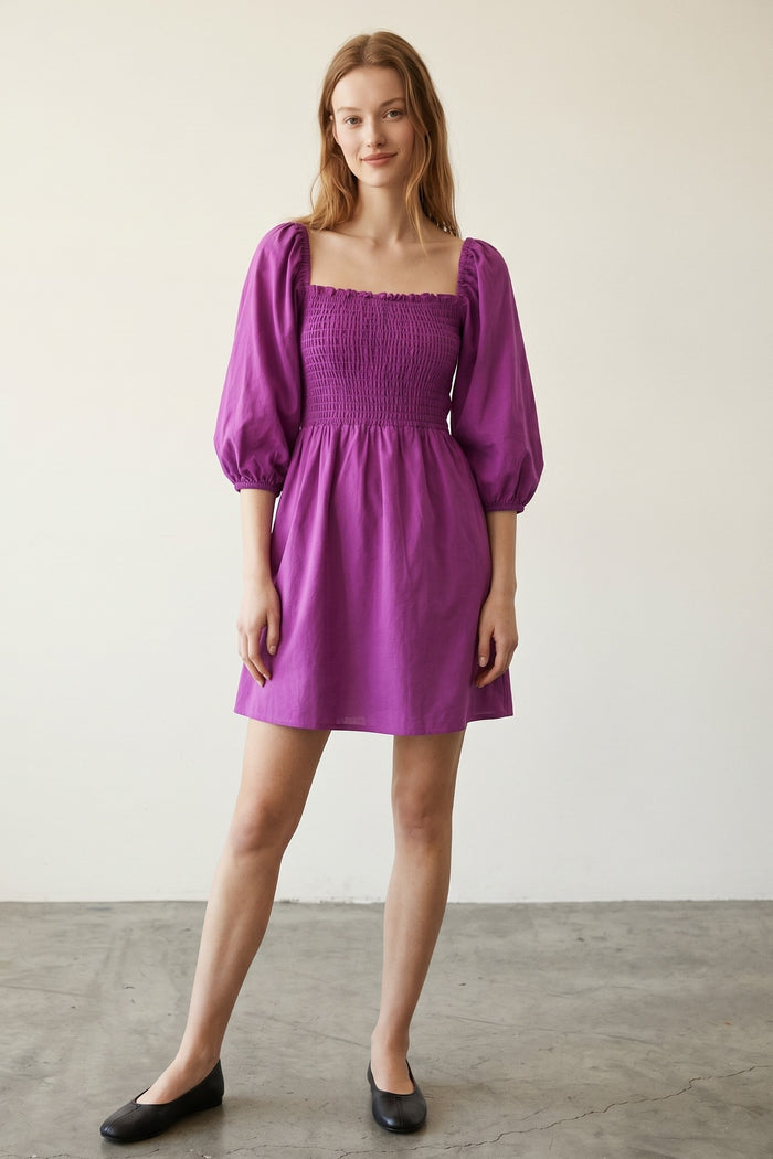 Puff Sleeve Smocked Linen Mini Dress