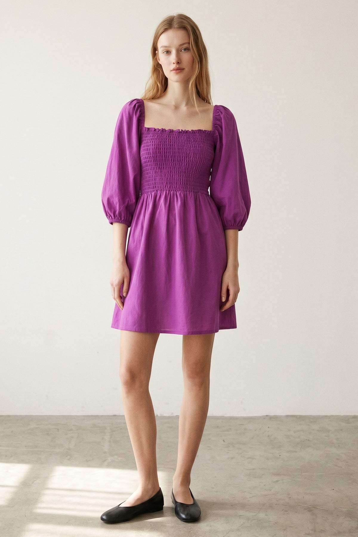 Puff Sleeve Smocked Linen Mini Dress
