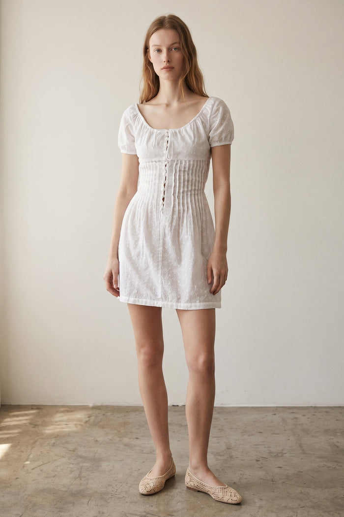 Pintucked Eyelet Off Shoulder Mini Dress