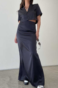 Satin Collared Crop Top and Maxi Skirt Sets - TheOures