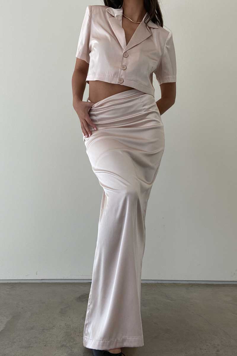 Satin Collared Crop Top and Maxi Skirt Sets - TheOures