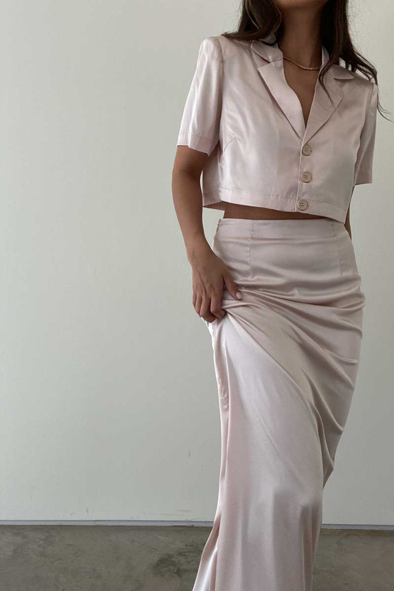 Satin Collared Crop Top and Maxi Skirt Sets - TheOures